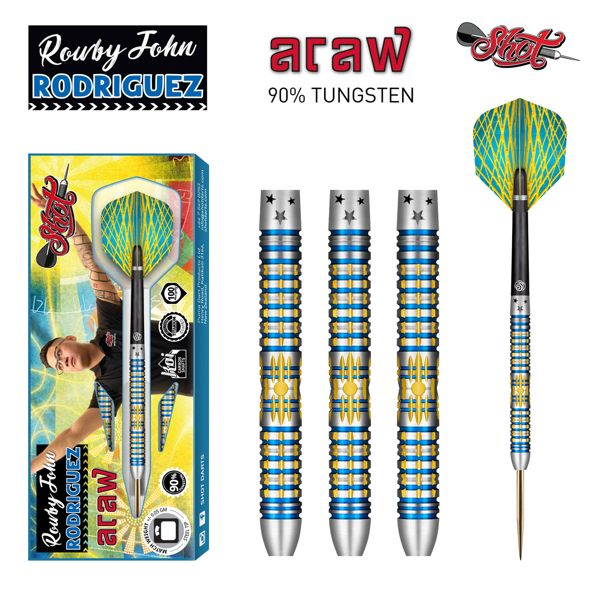 Shot Rowby-John Rodriguez Araw Steel Tip Dart Set - 90% Tungsten